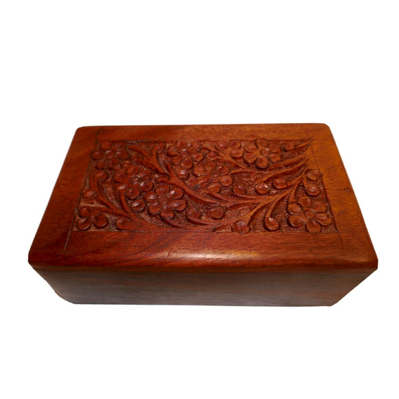 Handcarved Floral Keepsake Wood Jewelry Box With Slide open Bottom - Picture 9 of 16